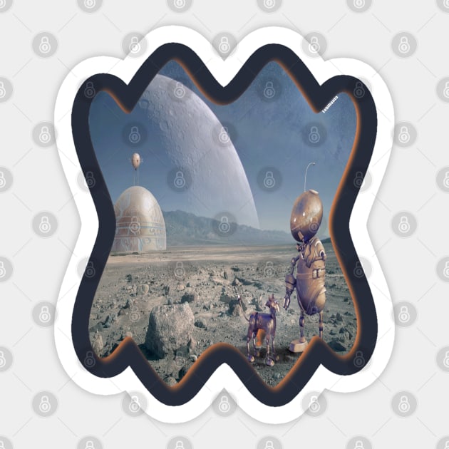 Robot and pet in extraterrestrial city UFO Sticker by Lebihanto